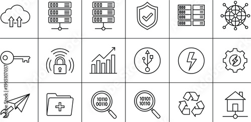 Linear technology icon set featuring cloud computing server security data analysis network connection energy recycle and folder symbols for web design.