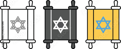 Jewish Torah Scroll Illustration with Star of David Symbol in Different Color Variations