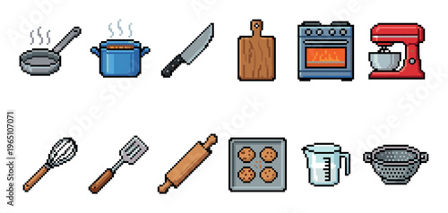 Set of pixel art kitchen icons for cooking and baking including a pan, pot, knife, oven, mixer, and utensils in a retro 8-bit video game style illustration