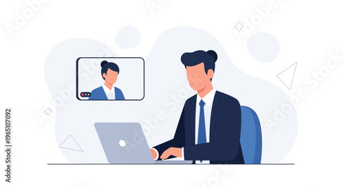 Businessman in video conference call on laptop, remote work, online meeting, business communication