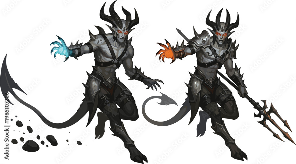 Fototapeta premium Dark demon warrior character illustration featuring armored creature with horns, glowing hands, and dynamic combat poses in fantasy game vector style