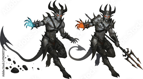 Dark demon warrior character illustration featuring armored creature with horns, glowing hands, and dynamic combat poses in fantasy game vector style