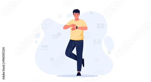 Man checking smartwatch, surrounded by communication icons, modern technology concept