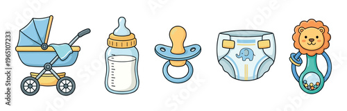 Cute cartoon set of baby boy items including a stroller, milk bottle, pacifier, diaper, and lion rattle, illustrated in a simple doodle style for a newborn or shower theme