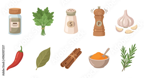 Collection of various illustrated spices and herbs including salt, pepper, garlic, chili, cinnamon, and rosemary for cooking and seasoning food in a flat cartoon vector style