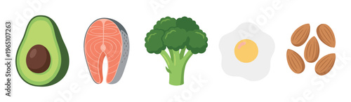 Set of low-carb ketogenic diet foods including avocado, salmon steak, broccoli, fried egg, and almonds, presented in a simple flat vector illustration style for healthy eating