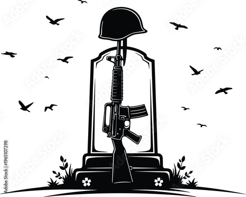 Military fallen soldier battlefield cross silhouette featuring helmet, rifle, and headstone with birds flying for memorial or veterans day concept.