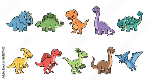 Ten cute and friendly cartoon dinosaurs of various species like T-Rex, Brachiosaurus, and Pterodactyl, presented as a colorful and cheerful illustrated character set