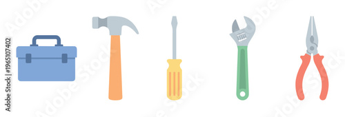 Set of colorful construction tools including a toolbox, hammer, screwdriver, wrench, and pliers arranged in a row, presented in a simple flat vector illustration style