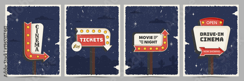 Retro roadside vertical posters set cinema sign with bold vintage typography and arrow. Vector illustration in mid century 50s style for print, wall decor, covers, design projects
