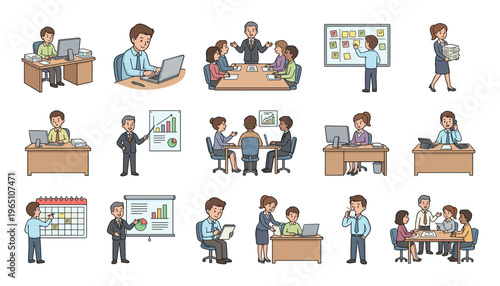 Set of cartoon office worker illustrations showing business people in various work situations like meetings, presentations, computer work, planning, and teamwork
