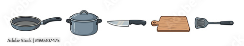 Cartoon kitchenware and cookware collection with a frying pan, stockpot, chef's knife, wooden cutting board, and spatula in a simple illustrated line art style