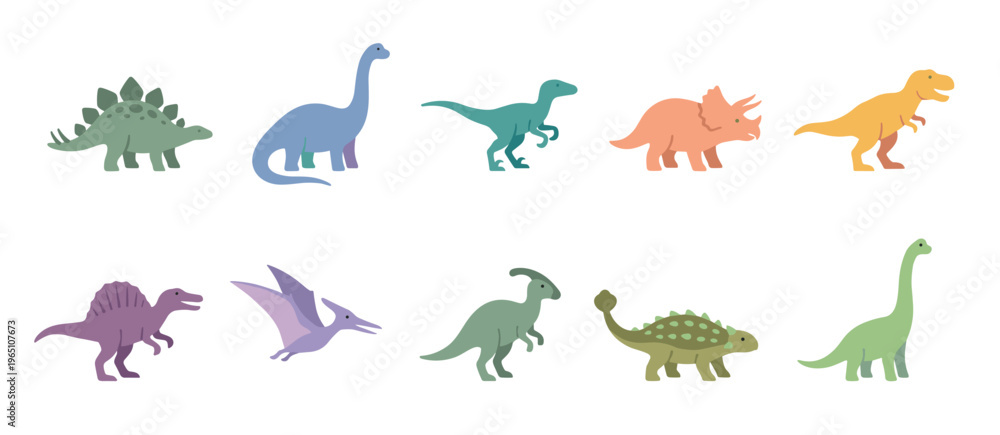 Fototapeta premium Cute cartoon dinosaurs set with various prehistoric creatures illustration, perfect for children's books, educational materials, and playful design projects.