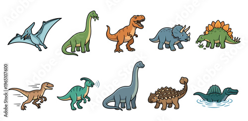 Cute cartoon dinosaurs collection features various prehistoric creatures in a playful and educational illustration for children's designs and learning materials.