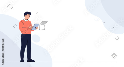 Man in orange sweater using tablet and holding document, modern office background