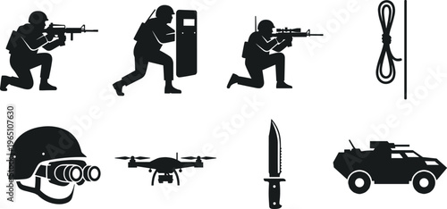 Military tactical icon set featuring soldier silhouettes with weapons riot shield drone helmet night vision goggles knife and armored vehicle.
