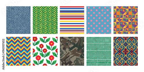 Pixel art patterns collection showcasing a diverse range of colorful digital designs, including geometric shapes, stripes, polka dots, flowers, and camouflage.
