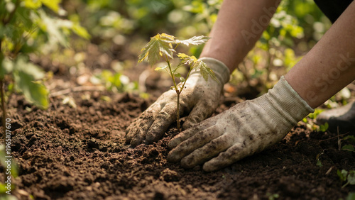 Hands planting a young tree in soil during World Environment Day  