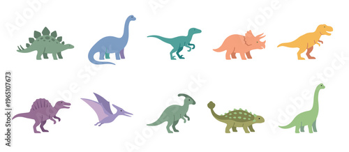 Cute cartoon dinosaurs set with various prehistoric creatures illustration, perfect for children's books, educational materials, and playful design projects.