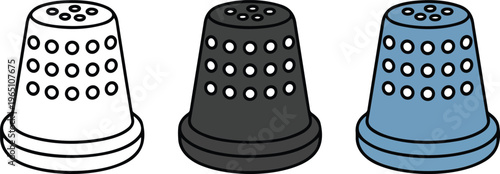 Set of minimalist sewing thimble icons in outline silhouette and colorful yellow flat vector tailor craft styles.