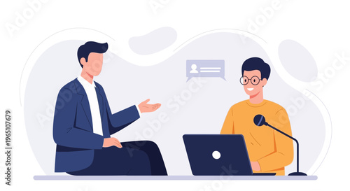 Two men in a business meeting, one interviewing the other with a laptop and microphone