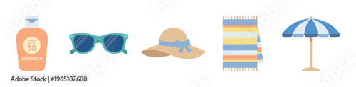 Summer beach vacation essentials are neatly arranged, showcasing items like sunscreen, sunglasses, a straw hat, a striped towel, and a beach umbrella.