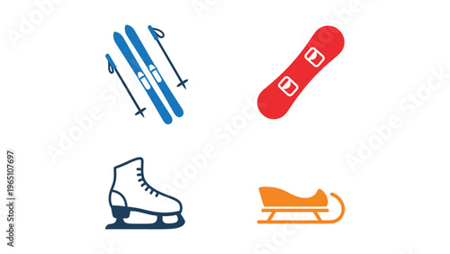 Four types of winter sports equipment displayed in simple icons