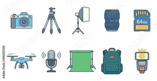 Photography and videography equipment collection of colorful icons representing various tools for capturing images and sound, including cameras, drones, and studio gear.