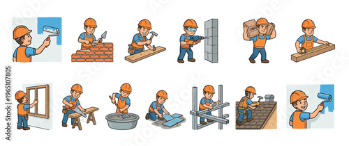 Construction workers perform various building and renovation tasks, showcasing different stages of home improvement and construction projects.