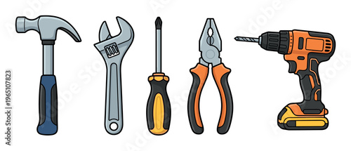 Various construction and repair tools including a hammer, wrench, screwdriver, pliers, and drill are neatly arranged for home improvement projects.