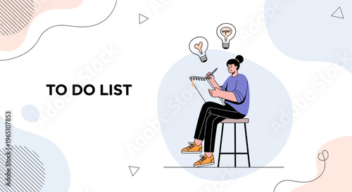 Woman brainstorming ideas and writing to-do list, lightbulb inspiration, creative planning