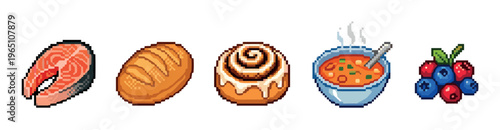Pixel art food items including a salmon steak, bread, cinnamon roll, hot soup, and mixed berries, rendered in a charming retro video game style.