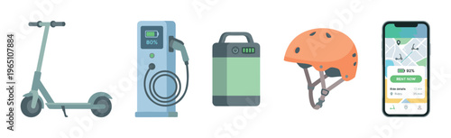 Electric scooter sharing system elements including a scooter, charging station, portable battery, safety helmet, and mobile rental application.