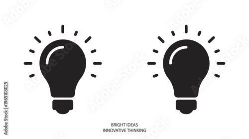 Two glowing light bulbs side by side, radiating lines, symbolizing creativity, inspiration, bright ideas, innovative thinking, problem-solving concepts.