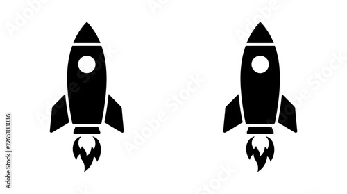 Two identical rockets side by side, minimalist design, circular windows, propulsion flames, symbolizing space travel, symmetry, exploration, futuristic technology.