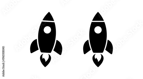 Two identical rockets side by side, minimalist design, circular windows, propulsion flames, symbolizing space travel, symmetry, exploration, futuristic technology.