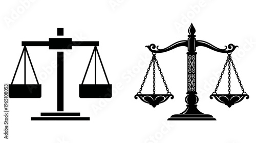 Minimalist and ornate balance scales side by side, symbolizing justice, equality, fairness, contrast of modern and classical design styles.