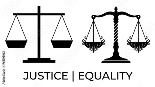 Minimalist and ornate balance scales side by side, symbolizing justice, equality, fairness, contrast of modern and classical design styles.