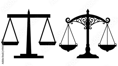 Minimalist and ornate balance scales side by side, symbolizing justice, equality, fairness, contrast of modern and classical design styles.
