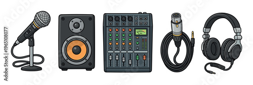 Various audio equipment for music production and sound recording, featuring a microphone on a stand, studio speaker, mixing console, audio cable, and headphones.
