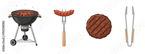 Barbecue grilling essentials collection featuring a charcoal grill, sausage on a fork, hamburger patty, and tongs, perfect for summer cookouts and outdoor dining.