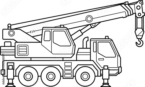 Professional mobile crane truck vector illustration with hydraulic telescopic boom and lifting hook for construction and industrial heavy machinery design.