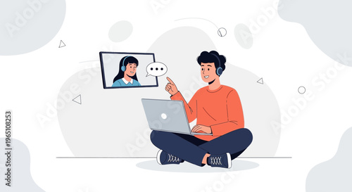 Young man video calling on laptop, online communication, remote work, virtual meeting
