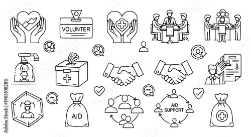 Detailed volunteering outline icon set with charity, community support, and teamwork illustrations