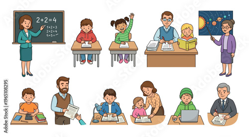 Students and teachers engage in various educational activities, including classroom learning, homework, studying, and parental guidance, illustrating a comprehensive school experience.