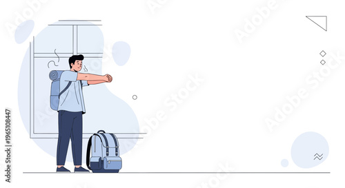 Young man stretching arms with backpack, ready for travel, minimalist illustration