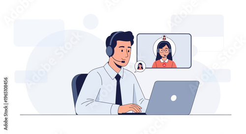 Customer service agent in video call with client, remote work, online support, business communication