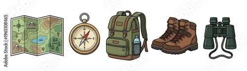 Hiking and camping gear essentials for outdoor adventure and exploration, including a map, compass, backpack, boots, and binoculars.