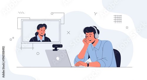 Video Call Communication: Man on Laptop with Headphones Talking to Woman on Screen