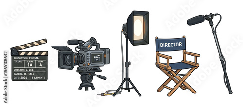 Film production equipment set including clapperboard, camera, studio light, director's chair, and boom microphone for movie making.